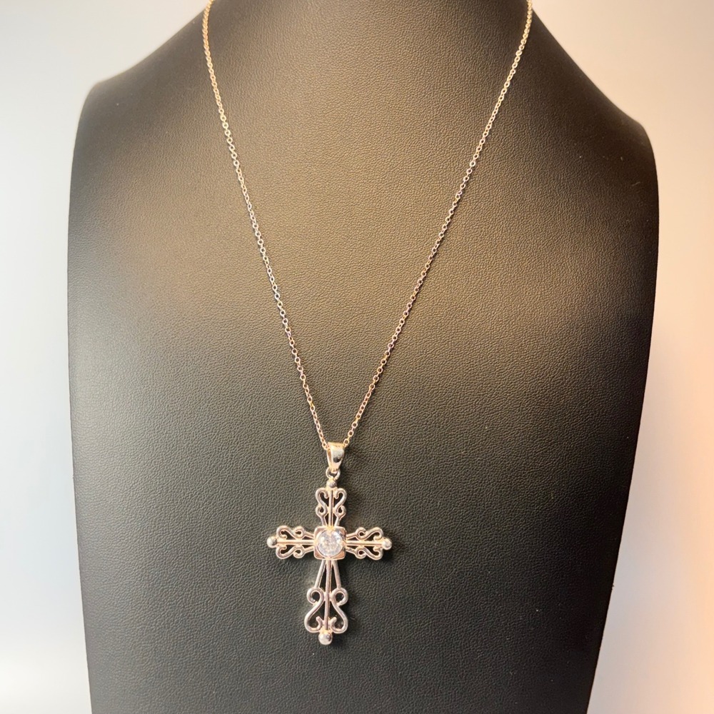 Filigree Cross Necklace Silver Tone Clear Stone Statement Boho Chic Religious